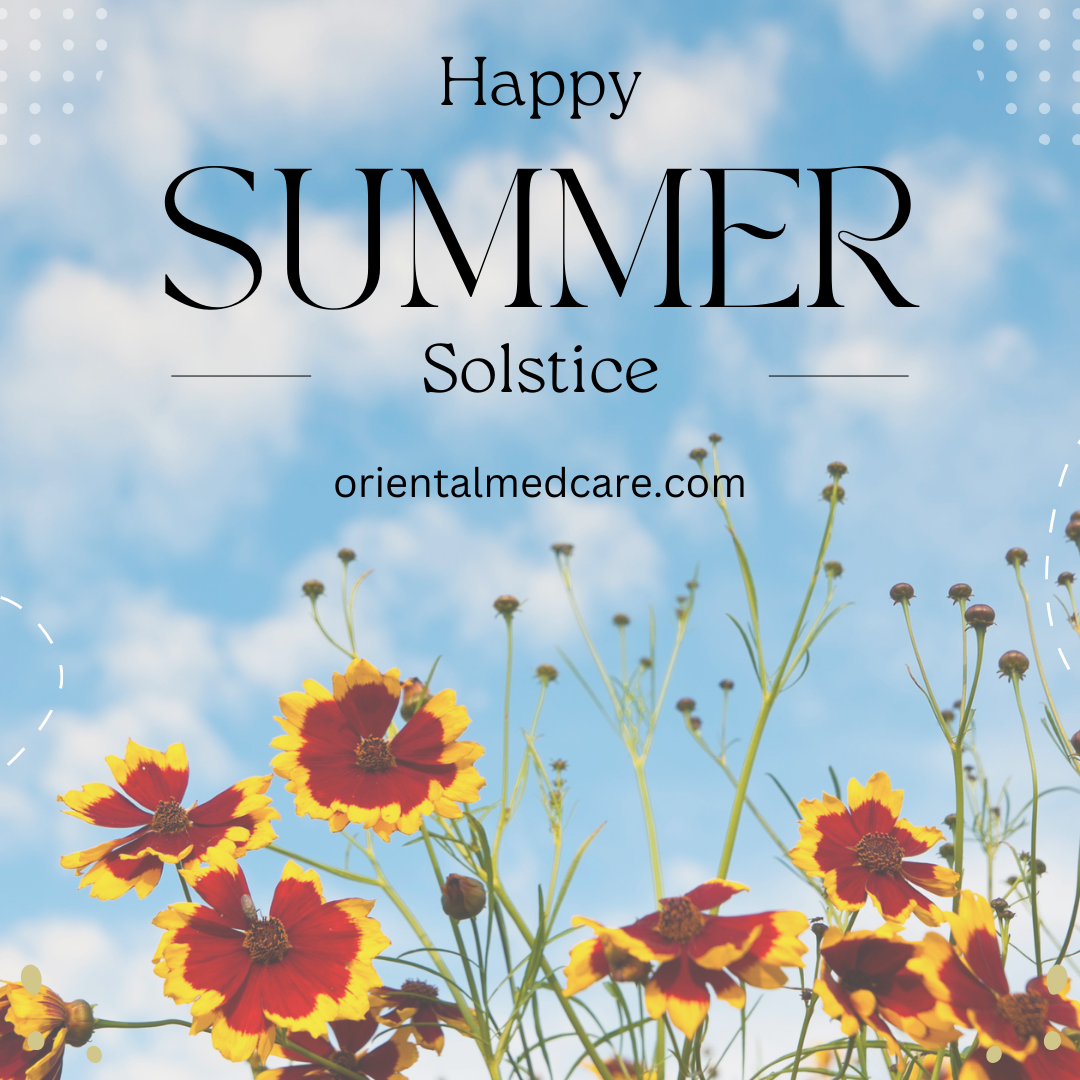 Happy Summer Solstice greeting with vibrant red and yellow flowers under a blue sky, promoting Complete Oriental Medical Care in Edina.