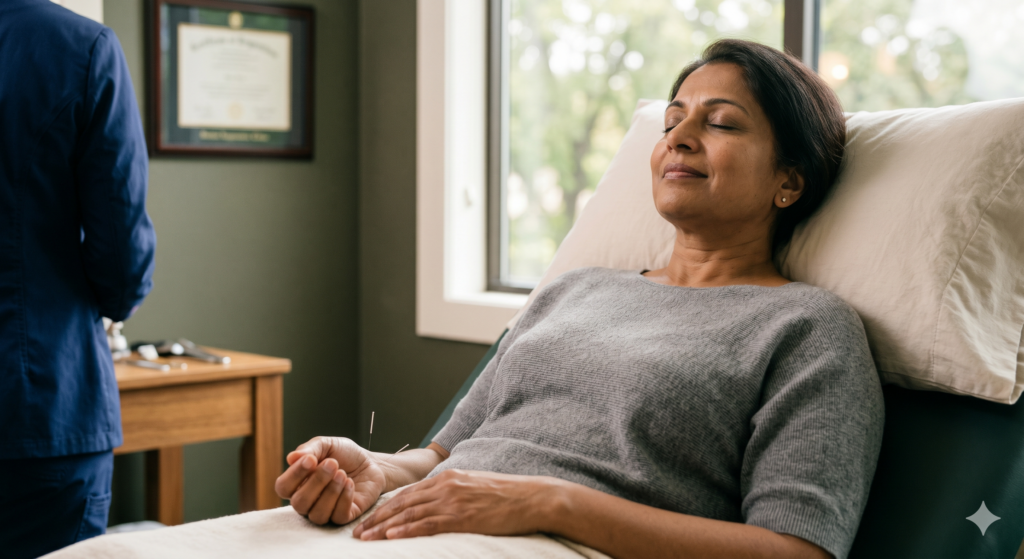 A patient experiences peaceful relief from vertigo and dizziness using natural distal acupuncture points in an Edina clinic.