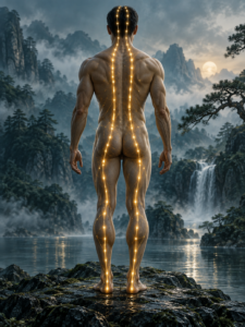 Bladder meridian pathway along the back and legs in Traditional Chinese medicine