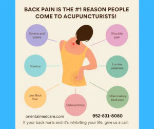 Infographic illustrating common back pain conditions treated with acupuncture including low back pain, sciatica, lumbar weakness, osteoarthritis, and strains.